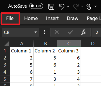 Screenshot showing file menu in Microsoft Excel